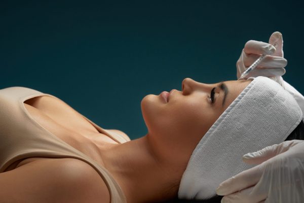 Close up of cosmetic botox injection in female forehead. Cosmetologist using syringe with liquid while brunette patient in towel on head lying, isolated on dark blue. Concept of cosmetology, beauty.